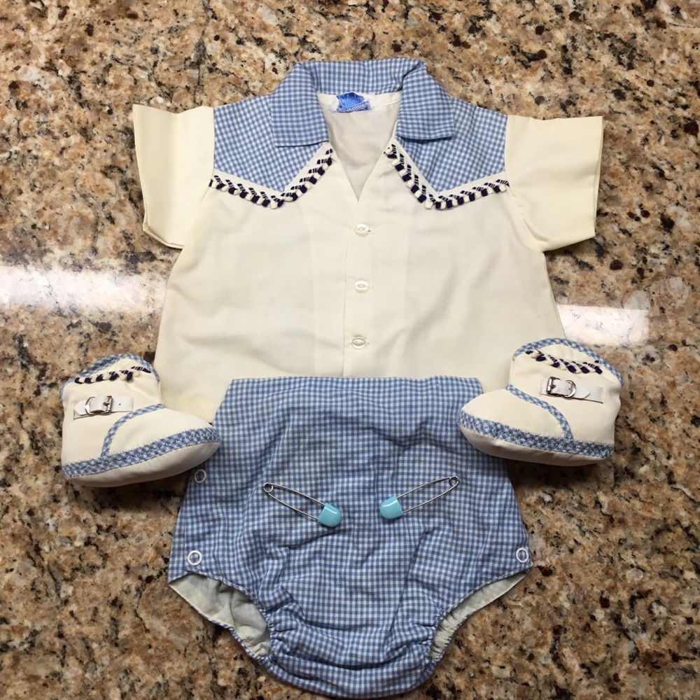 Cream and Light Blue Baby Boy Outfit Set (Vintage 1959)
